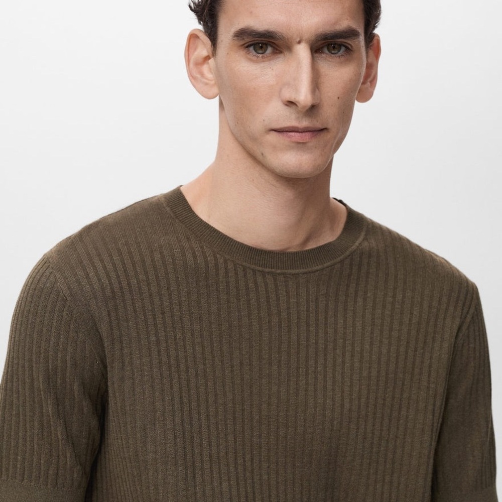 Mango Men's Khaki Ribbed Short Sleeve Tee
